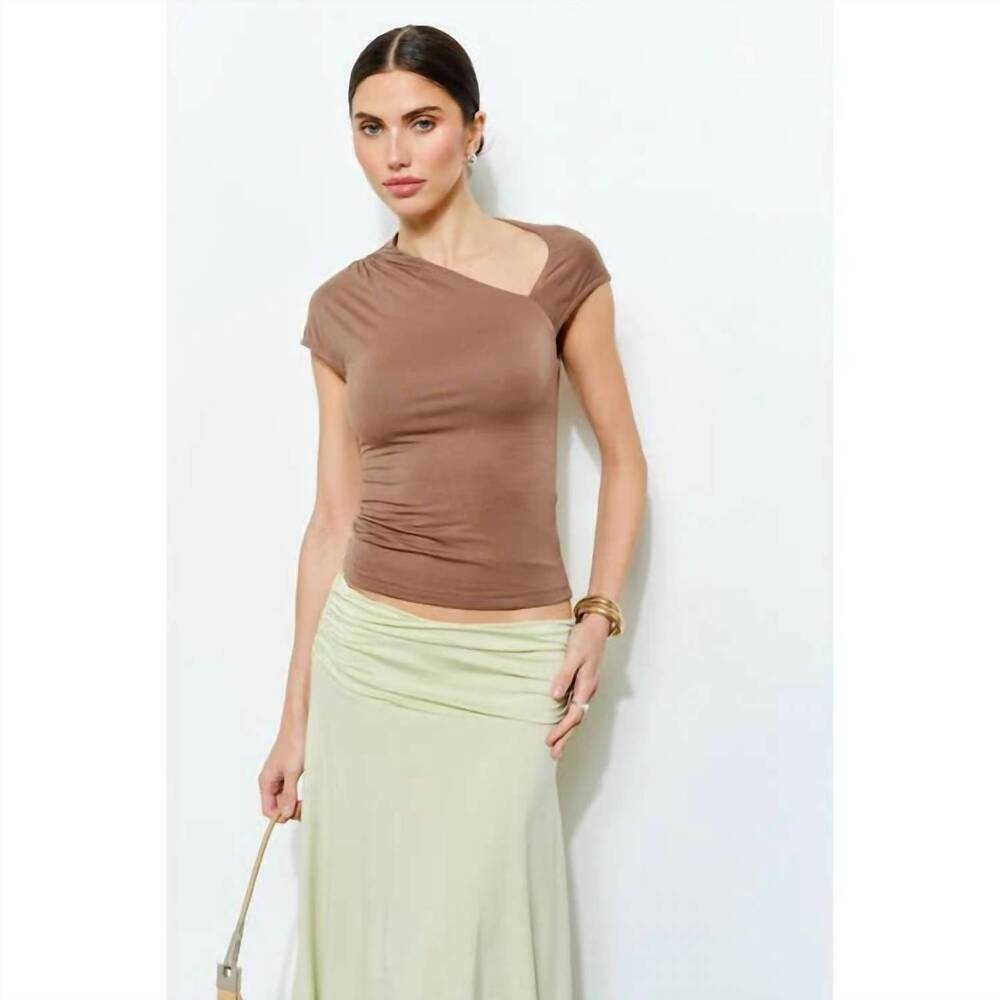 NEW LOUCIA petra short sleeve asymmetrical draped top in brown